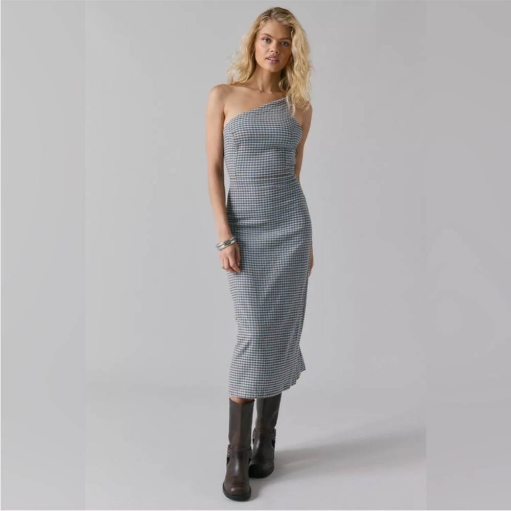 NWT Urban Outfitters Carson Blue Brown Gingham Linen One Shoulder Dress Medium